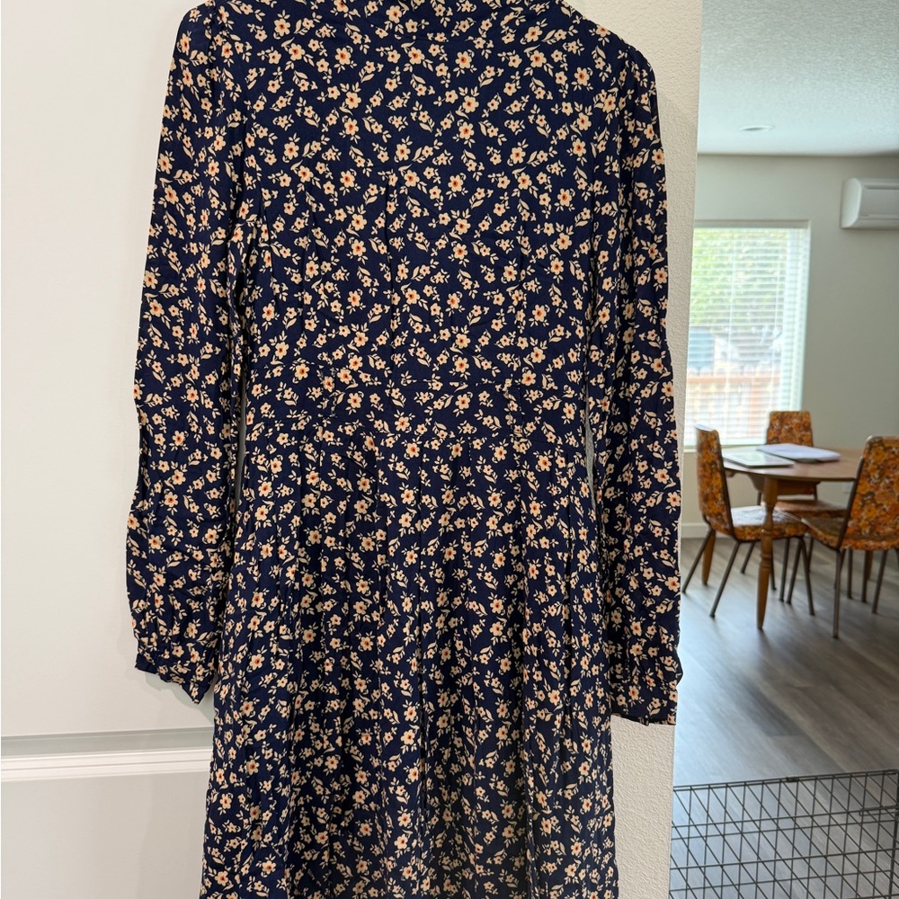 Vintage Women’s mock turtle neck Floral Long Sleeve Navy Dress